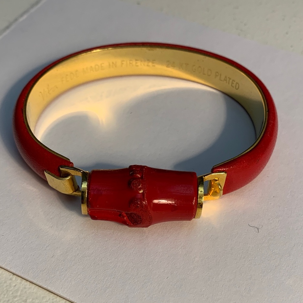 Vita Fede Made in Firenze 24K Gold Plated and Red Leather Hinged Cuff